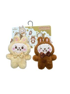 Cutesters Plush Bunny Keychains 2-Pack - Beige & Brown With Gold Bows Soft & Ado